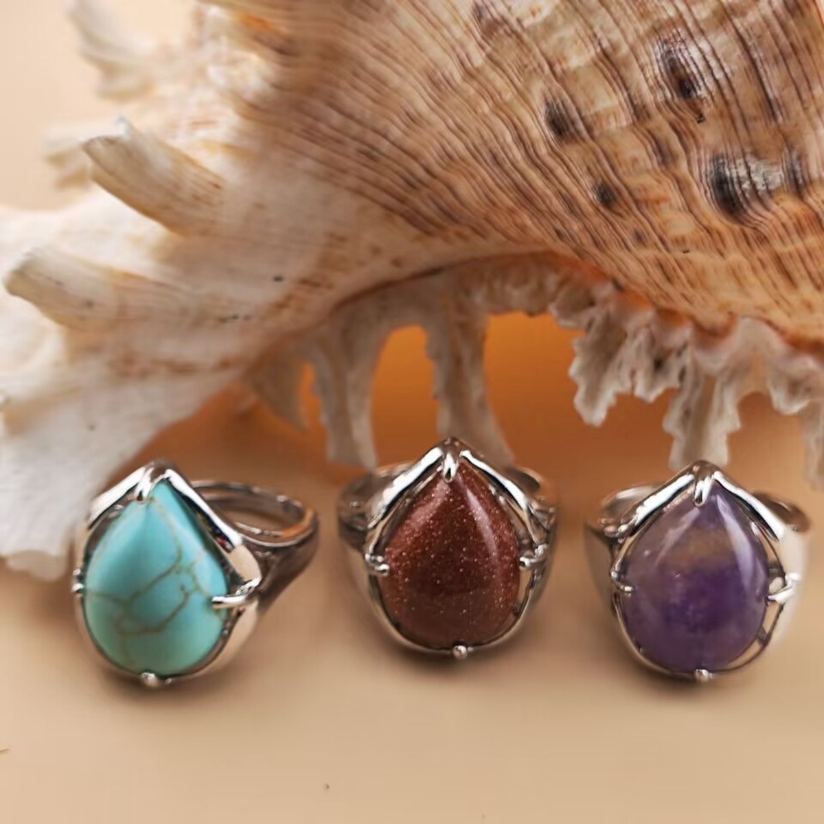 Silver Stone Rings for Women Men Adjustable 13x18MM Teardrop Gemstone Cabochons SR0186S