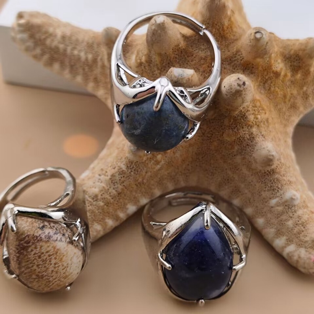 Silver Stone Rings for Women Men Adjustable 13x18MM Teardrop Gemstone Cabochons SR0186S