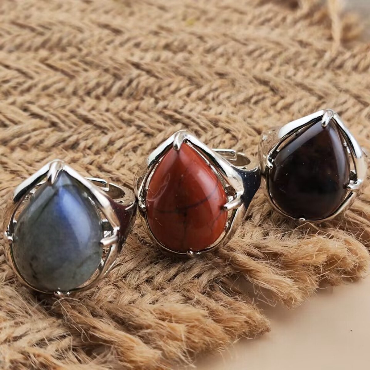 Silver Stone Rings for Women Men Adjustable 13x18MM Teardrop Gemstone Cabochons SR0186S