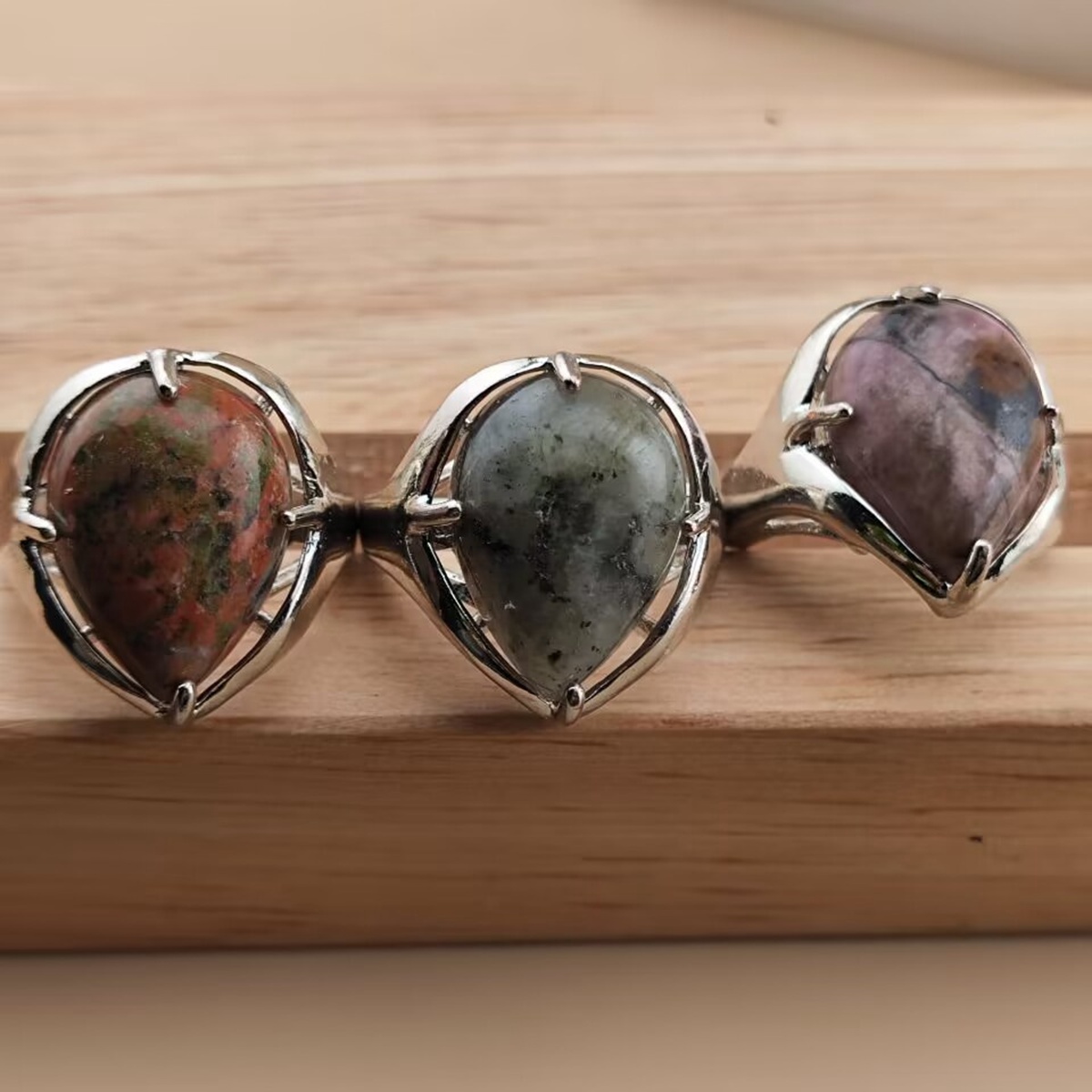 Silver Stone Rings for Women Men Adjustable 13x18MM Teardrop Gemstone Cabochons SR0186S