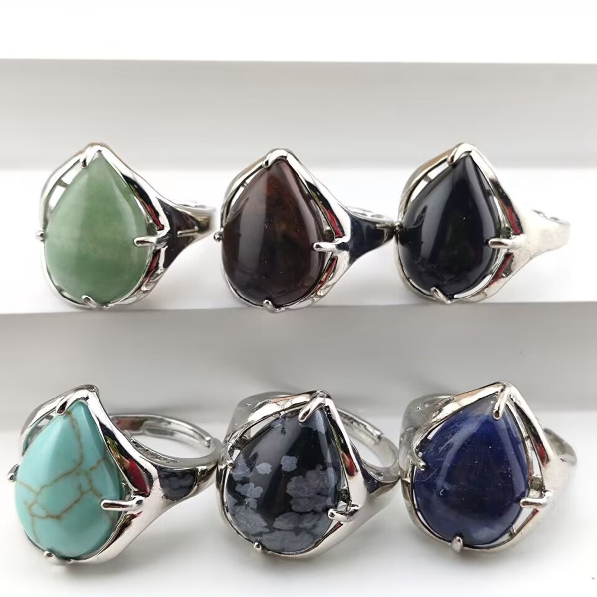 Silver Stone Rings for Women Men Adjustable 13x18MM Teardrop Gemstone Cabochons SR0186S
