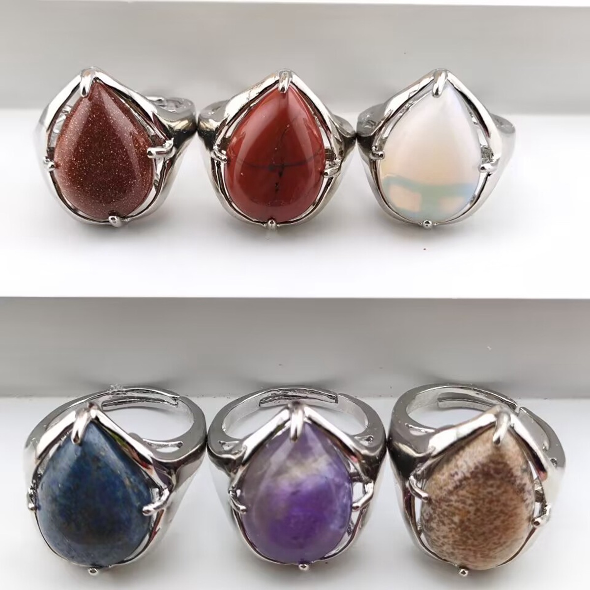 Silver Stone Rings for Women Men Adjustable 13x18MM Teardrop Gemstone Cabochons SR0186S