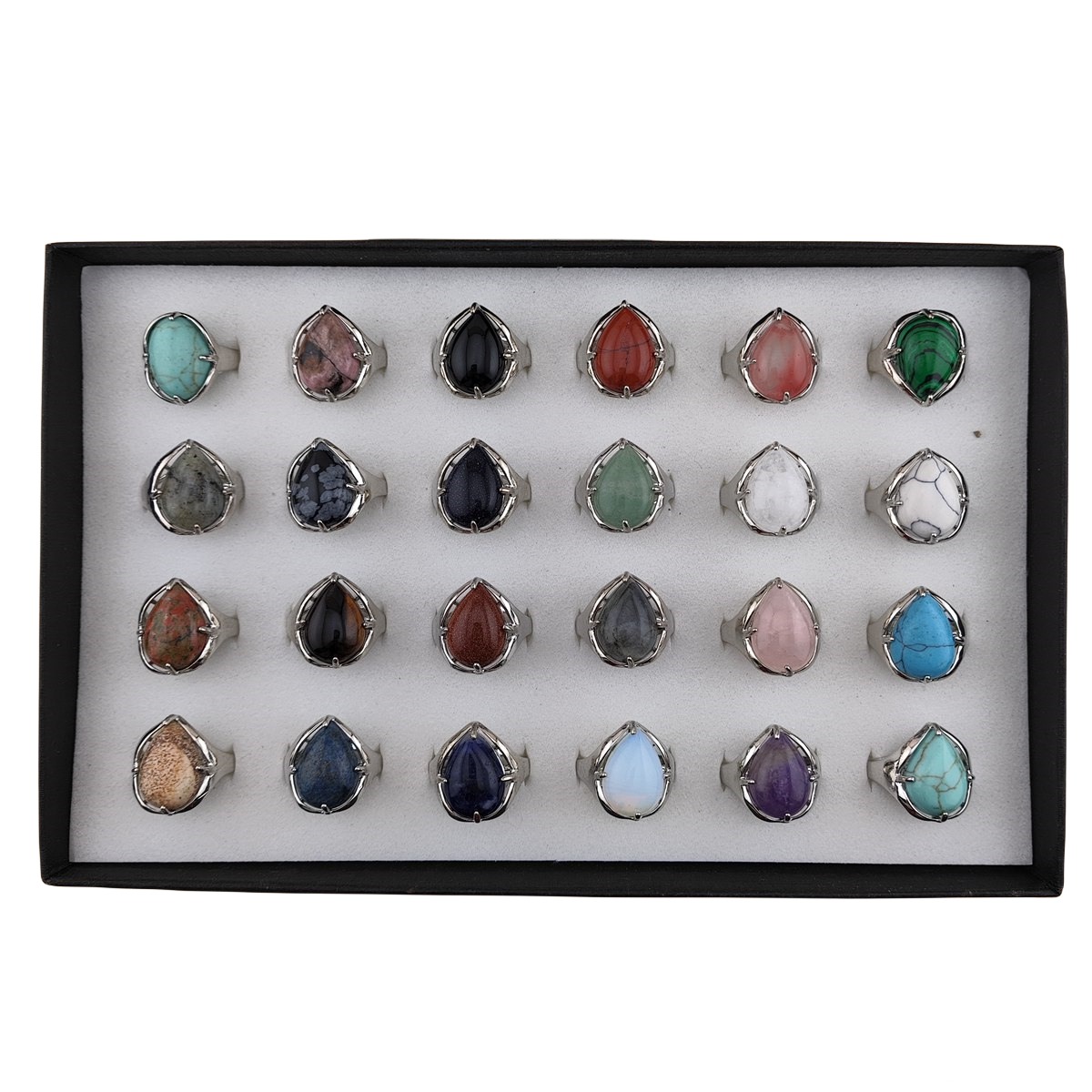 Silver Stone Rings for Women Men Adjustable 13x18MM Teardrop Gemstone Cabochons SR0186S