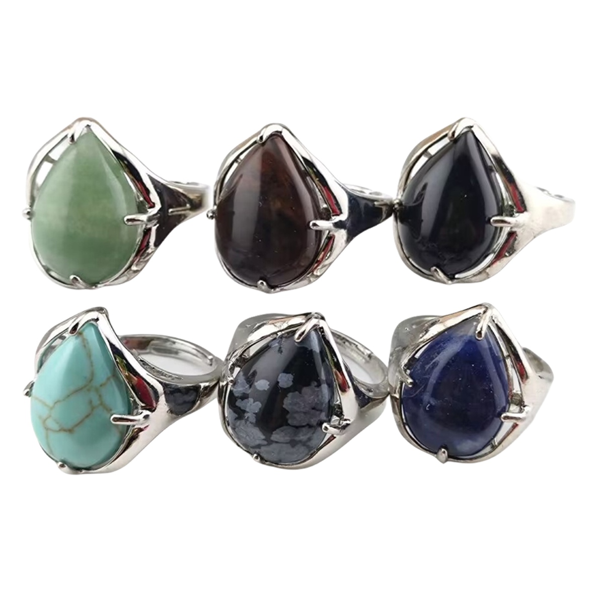 Silver Stone Rings for Women Men Adjustable 13x18MM Teardrop Gemstone Cabochons SR0186S
