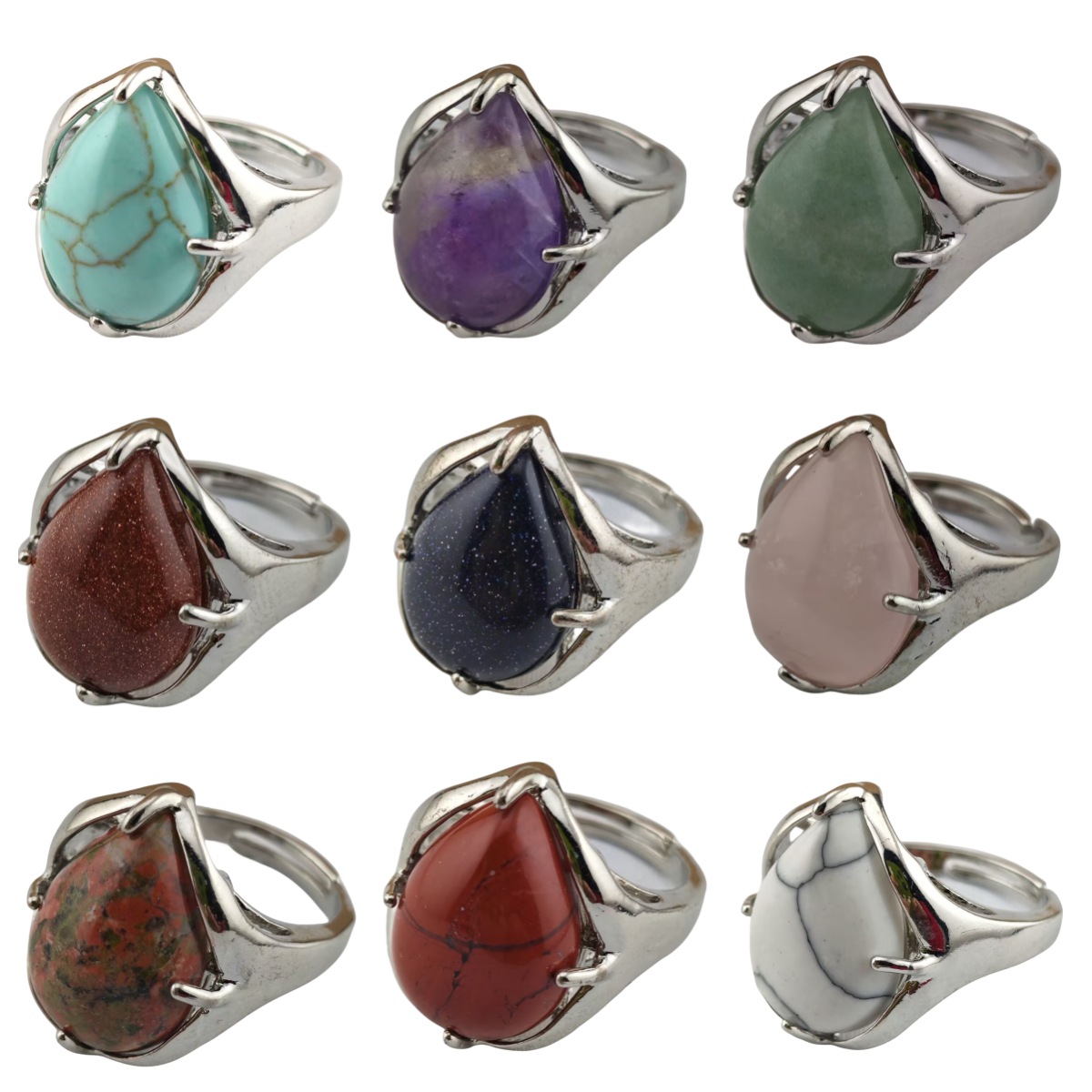 Silver Stone Rings for Women Men Adjustable 13x18MM Teardrop Gemstone Cabochons SR0186S