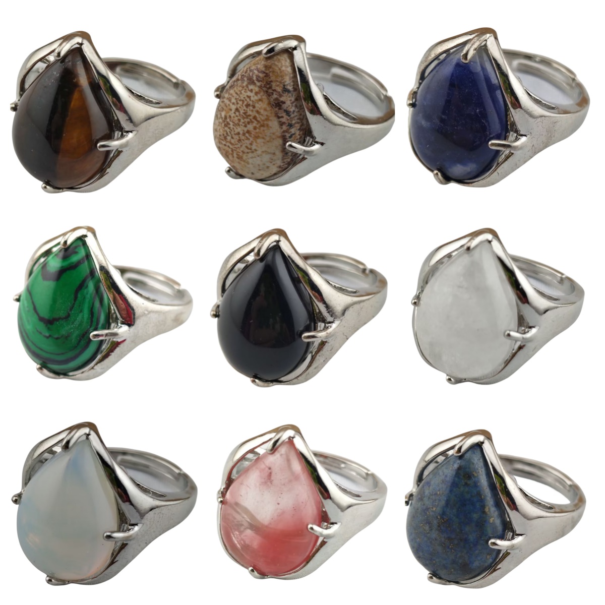 Silver Stone Rings for Women Men Adjustable 13x18MM Teardrop Gemstone Cabochons SR0186S