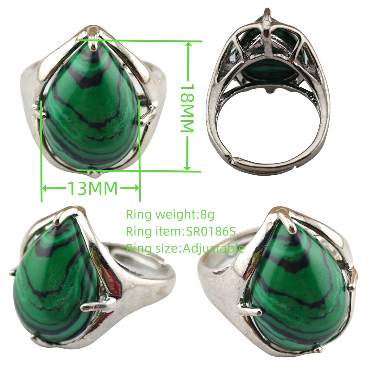 Silver Stone Rings for Women Men Adjustable 13x18MM Teardrop Gemstone Cabochons SR0186S