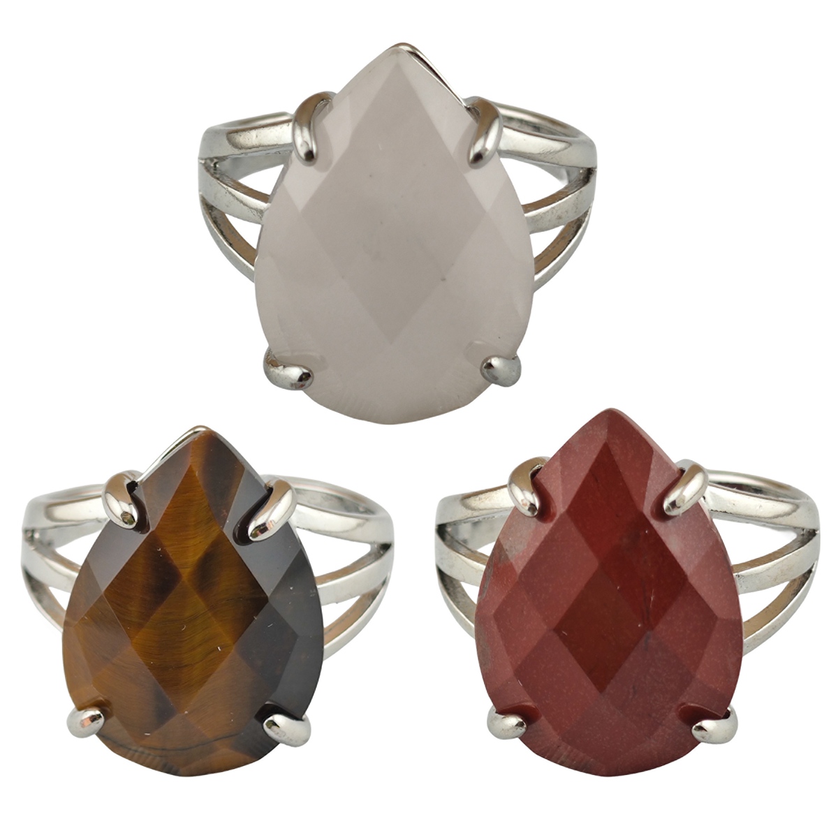Silver Stone Rings for Women Men Adjustable 13x18MM Faceted Teardrop Gemstone Cabochons SR0187S