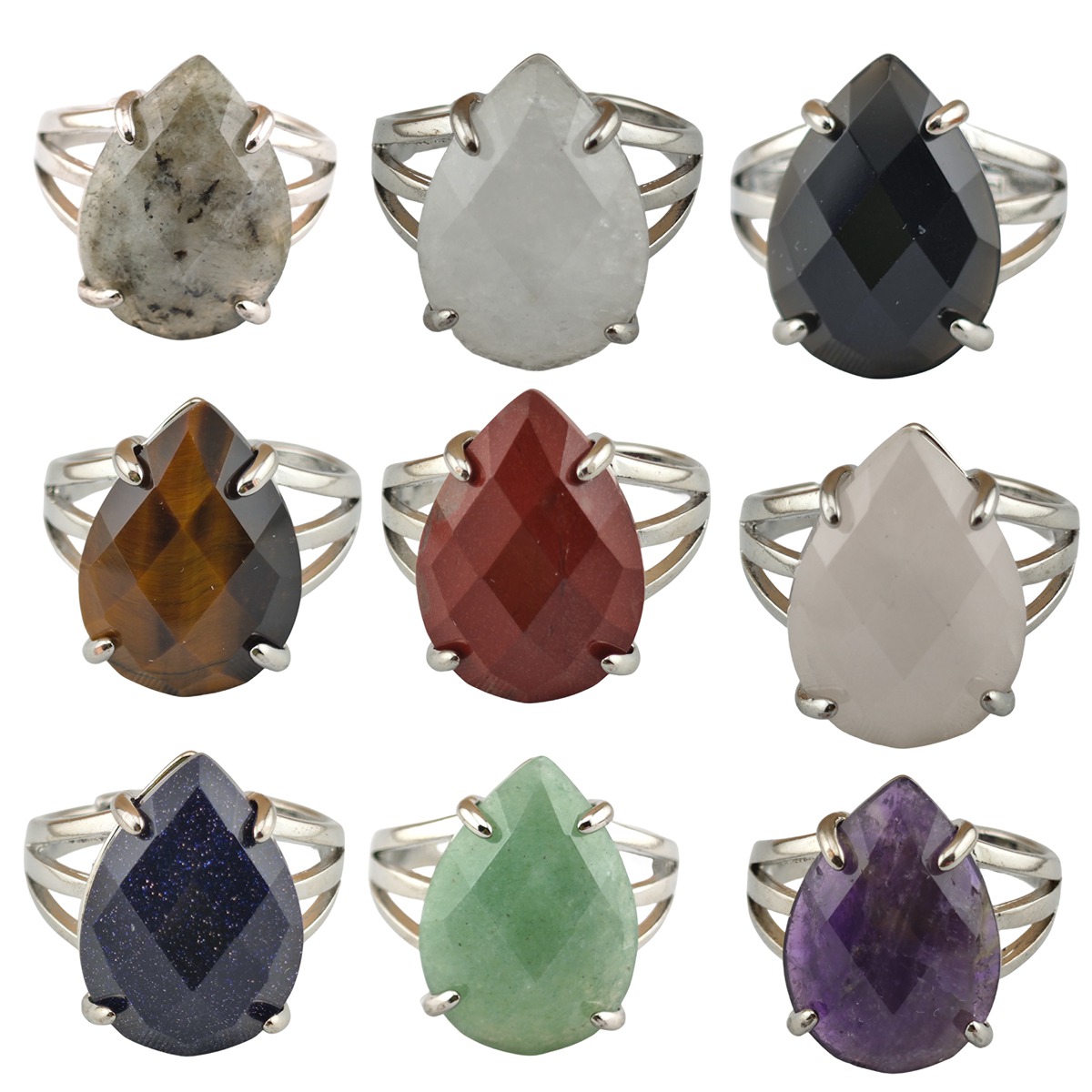 Silver Stone Rings for Women Men Adjustable 13x18MM Faceted Teardrop Gemstone Cabochons SR0187S