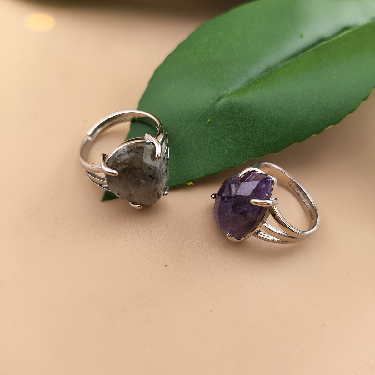 Silver Stone Rings for Women Men Adjustable 13x18MM Faceted Teardrop Gemstone Cabochons SR0187S