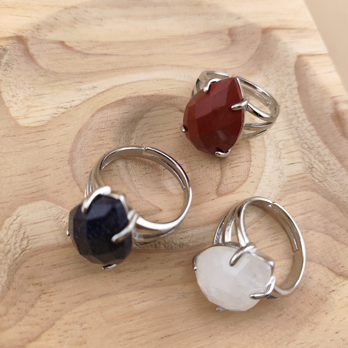 Silver Stone Rings for Women Men Adjustable 13x18MM Faceted Teardrop Gemstone Cabochons SR0187S