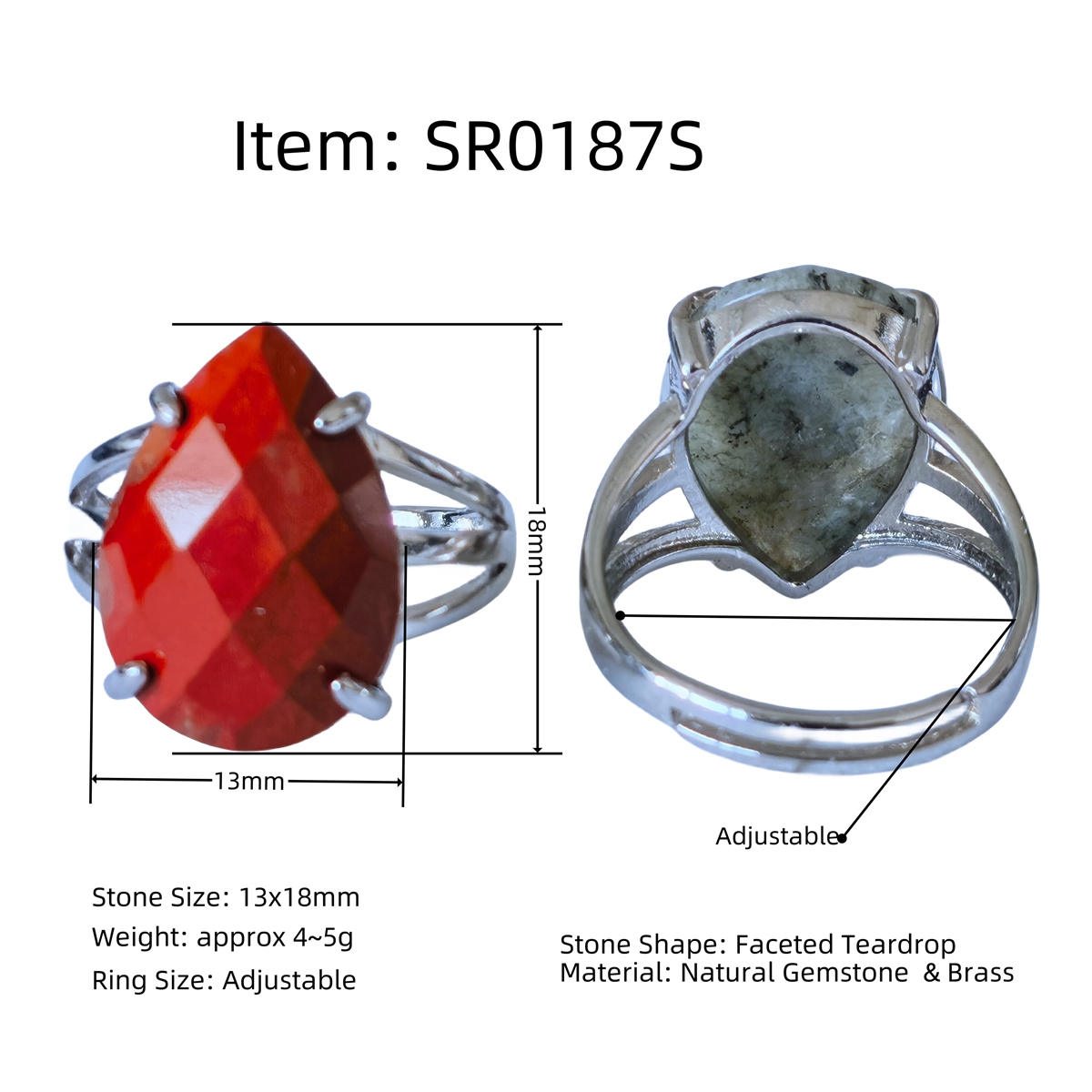 Silver Stone Rings for Women Men Adjustable 13x18MM Faceted Teardrop Gemstone Cabochons SR0187S