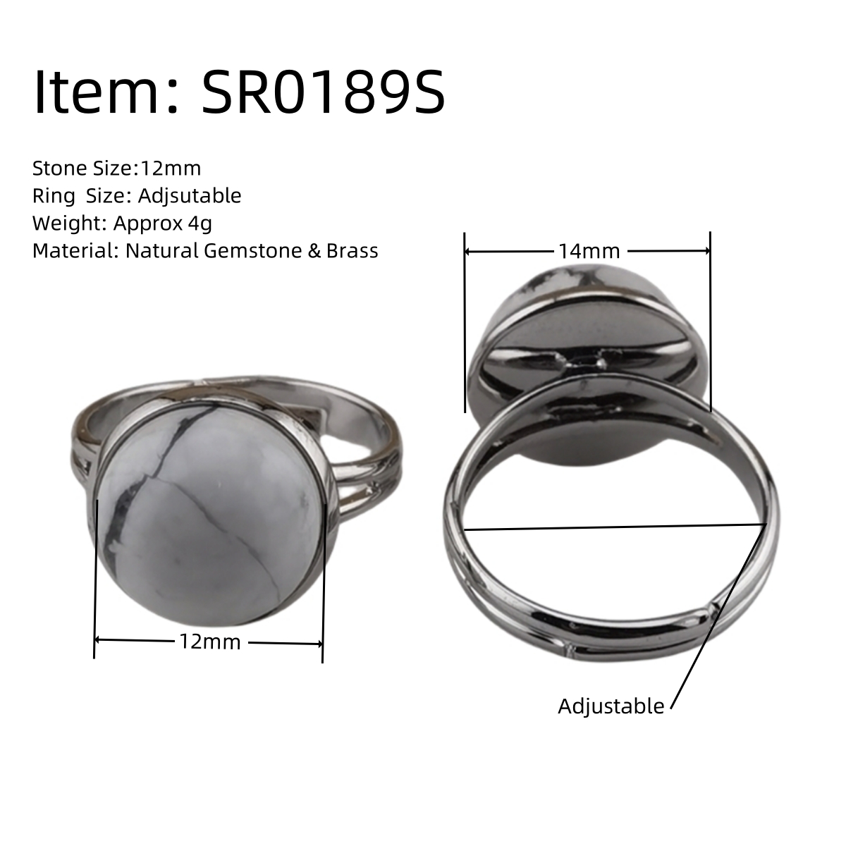 Silver Women 12MM Gemstone Rings Adjustable SR0189S