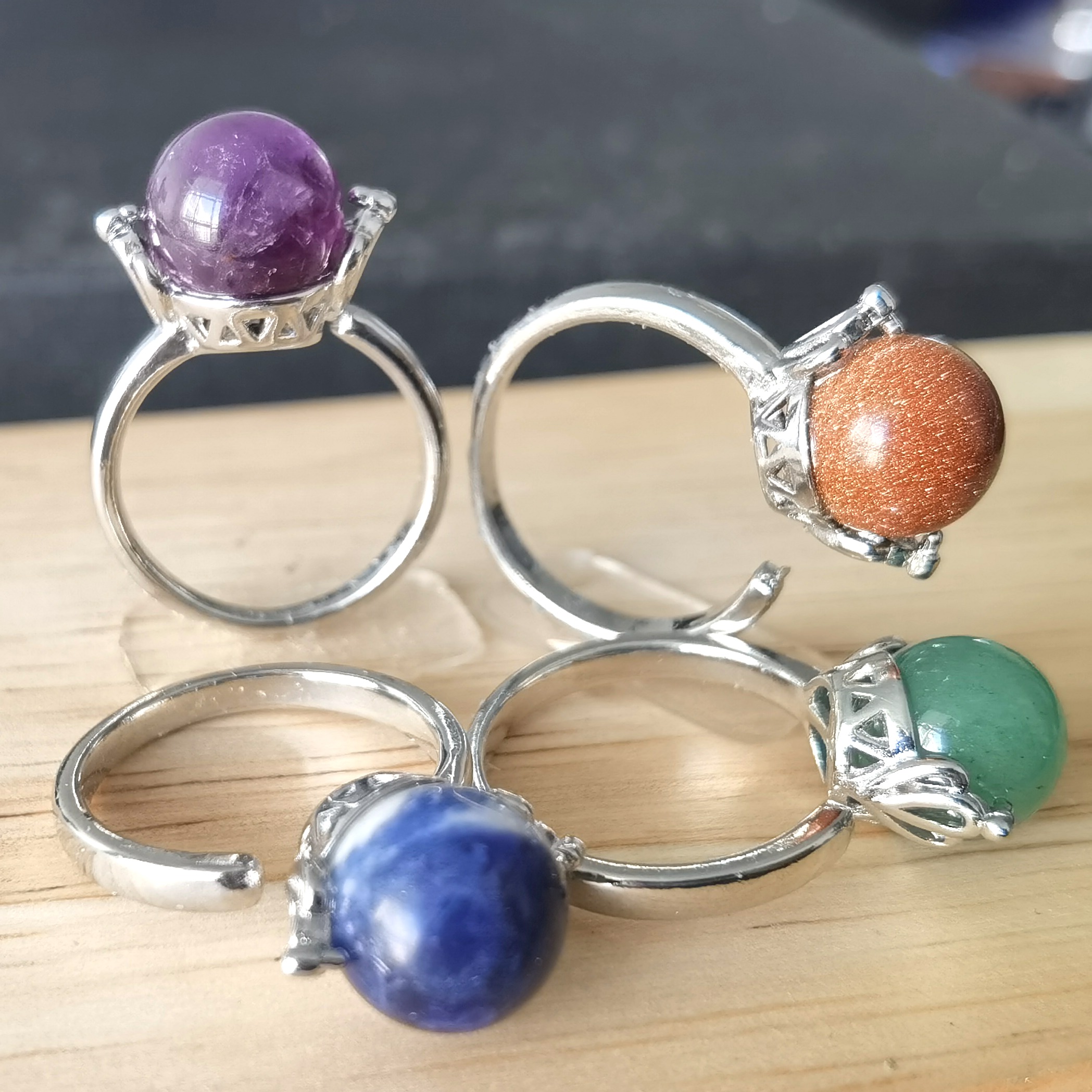 Silver Women 10MM Stone Balls Rings Adjustable SR0190S