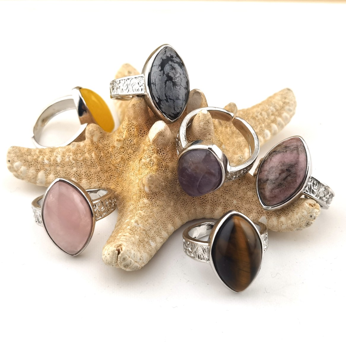 Women Silver Stone Rings Adjustable with 12x20MM Horse Eye Gemstone CAB SR0191S