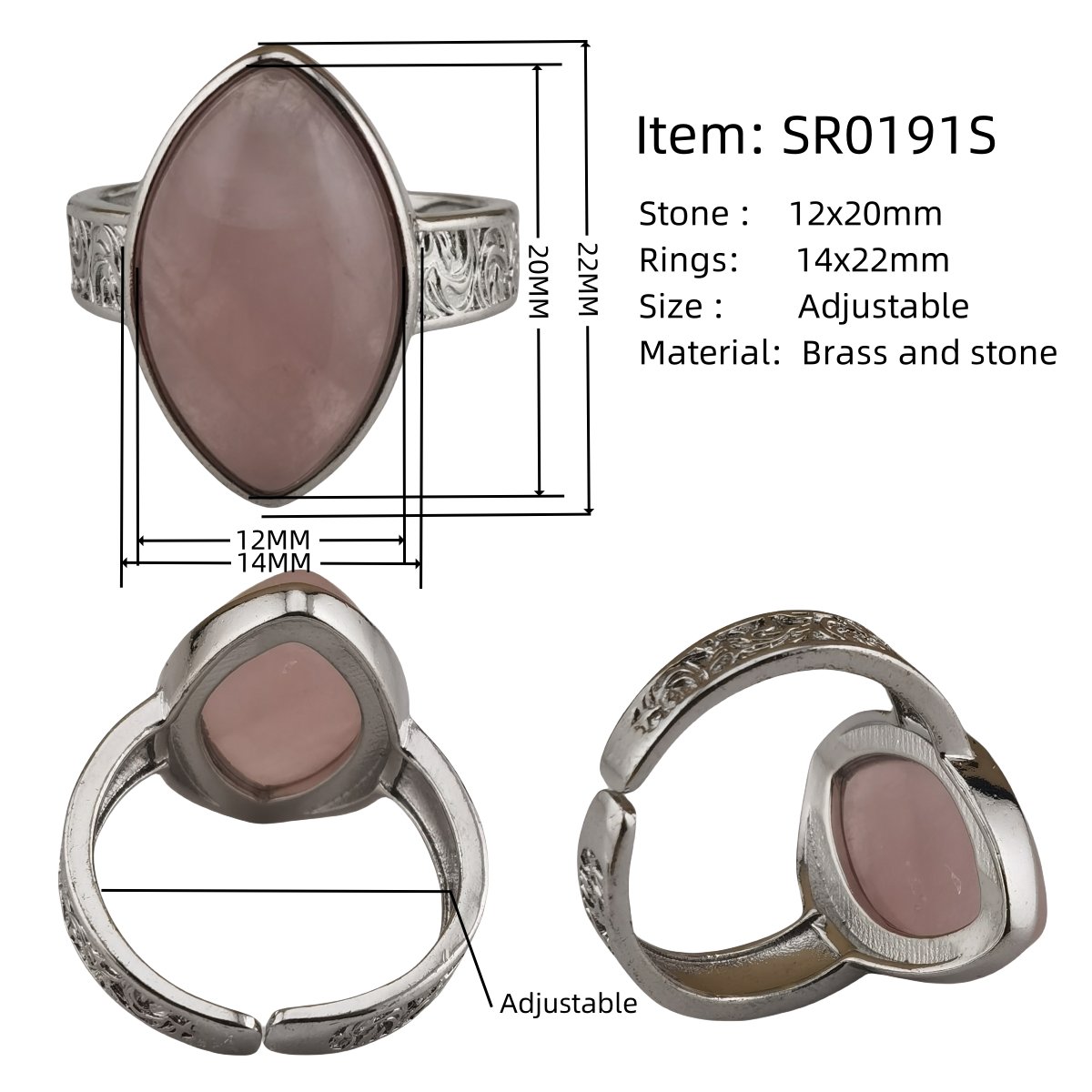 Women Silver Stone Rings Adjustable with 12x20MM Horse Eye Gemstone CAB SR0191S