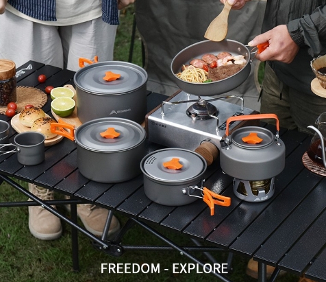 Outdoor set of pots and pans, camping cookware, boiling kettle, cassette stove, portable equipment, outdoor tableware, camping pot