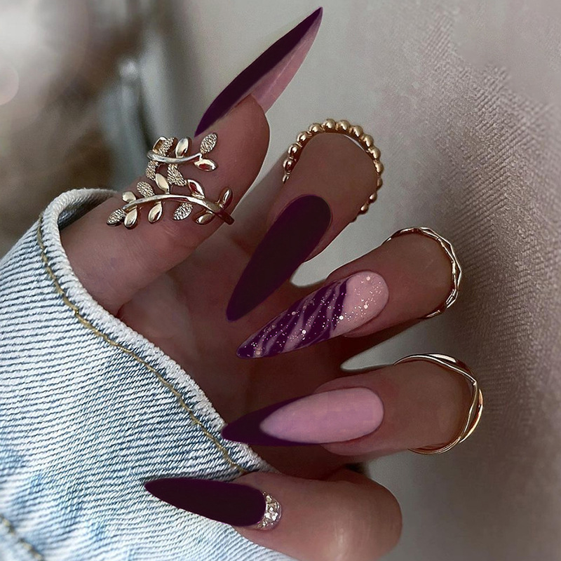 Long pointed nail, purple charm, tiger skin pattern, glitter powder nail polish, matte texture, wearing armor W1146