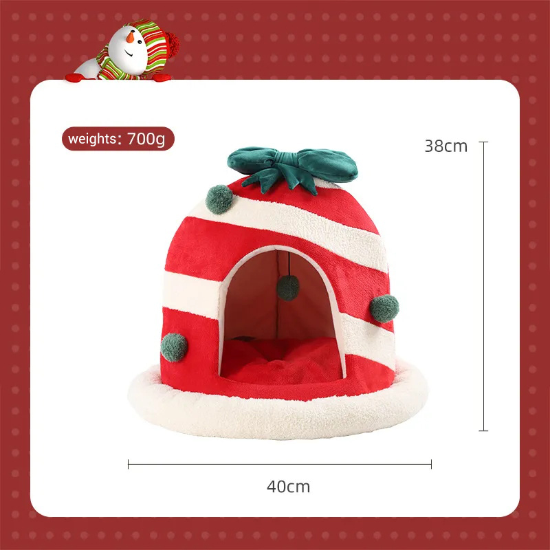 Cartoon bell Christmas pet nest with playful cat ball