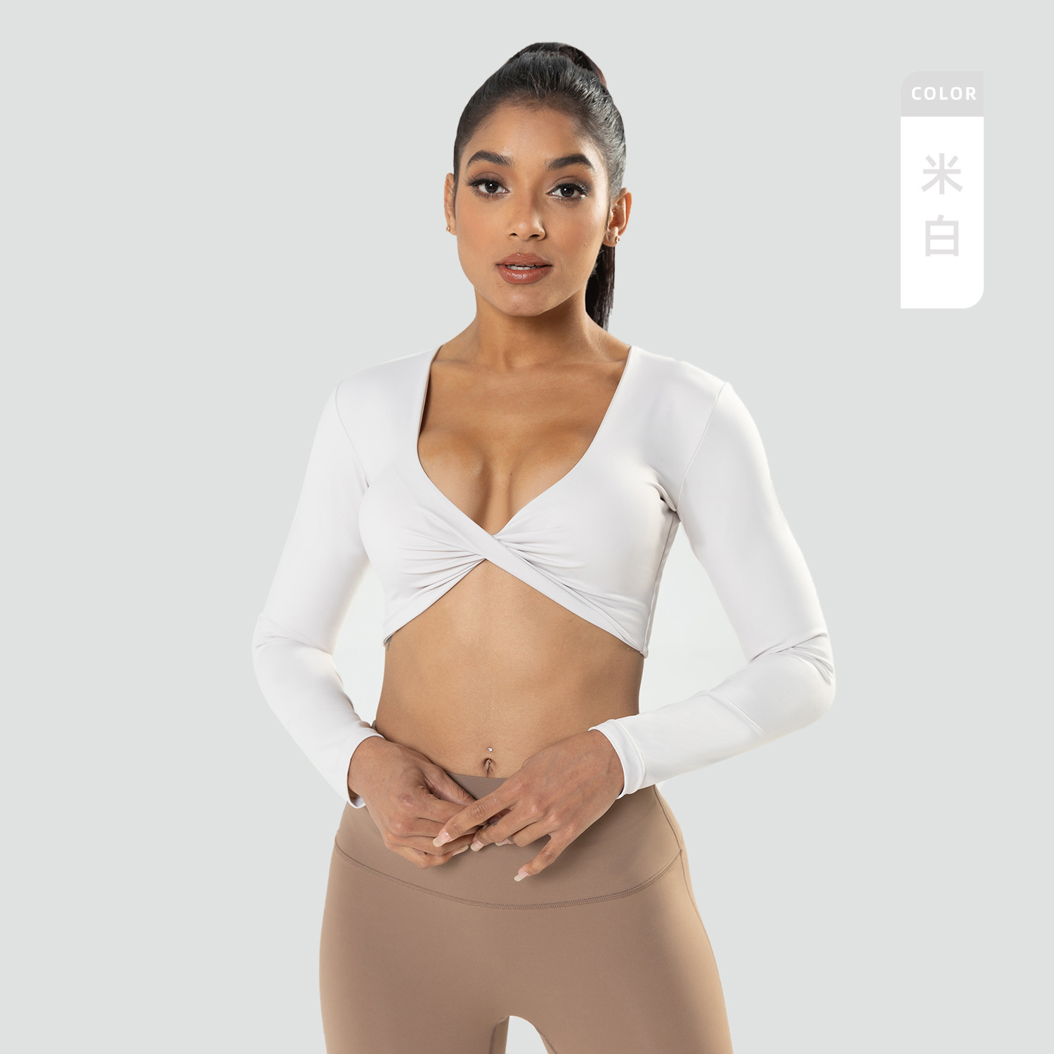 Sports long sleeved fitness suit for women with a deep V-neck, slim fitting and breathable inset wind exposed navel, outdoor yoga suit, short top