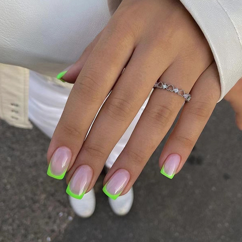 Square Bright Green French Nail W1132