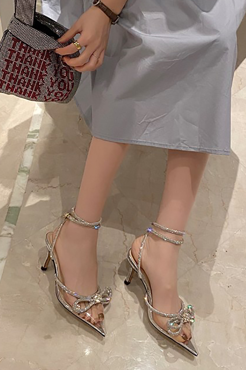 Rhinestone Bow Patchwork Pointy High Heel Shoes