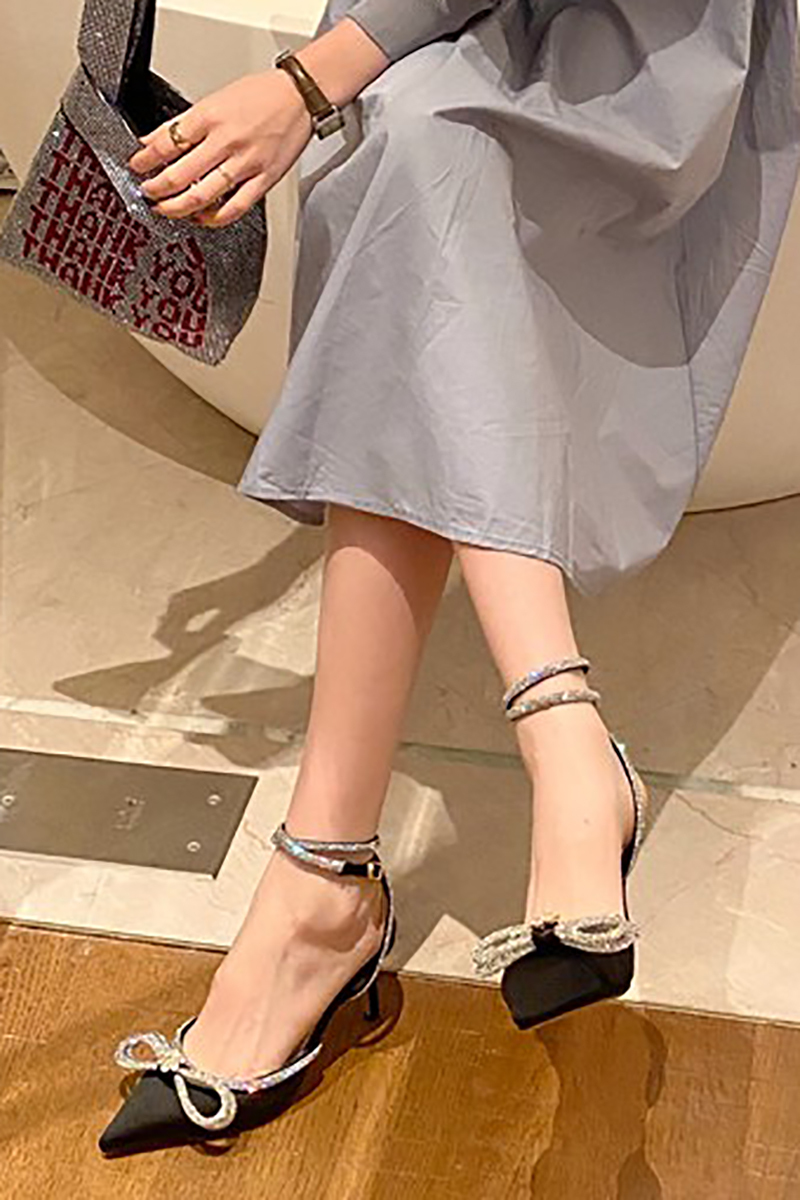 Rhinestone Bow Patchwork Pointy High Heel Shoes