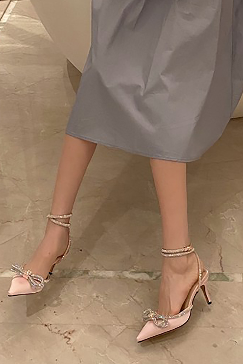 Rhinestone Bow Patchwork Pointy High Heel Shoes