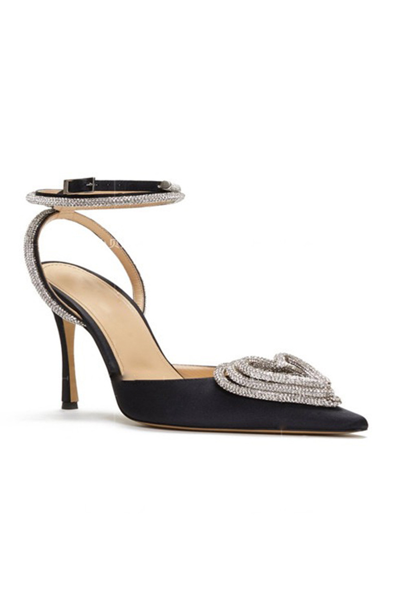 Pointy Toe Ankle Wrapped Heart Shape Rhinestone Velvet Heels