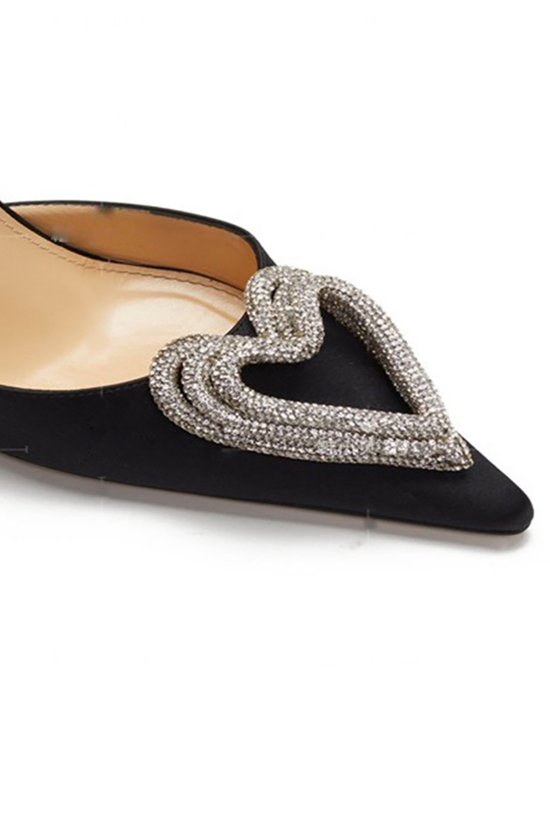 Pointy Toe Ankle Wrapped Heart Shape Rhinestone Velvet Heels