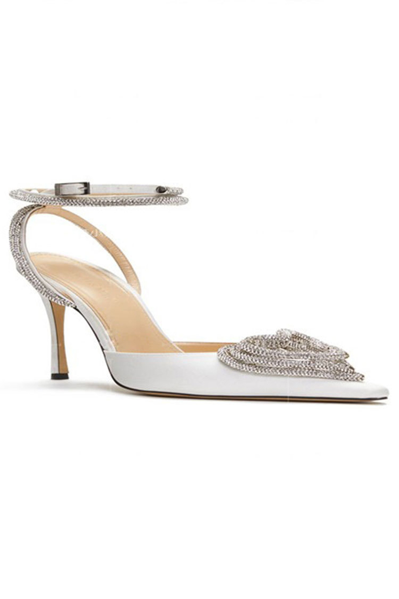 Pointy Toe Ankle Wrapped Heart Shape Rhinestone Velvet Heels