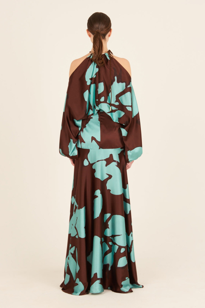 Cold Shoulder Halter Lantern Long Sleeve Cinch Waist Colorblock Maxi Dresses