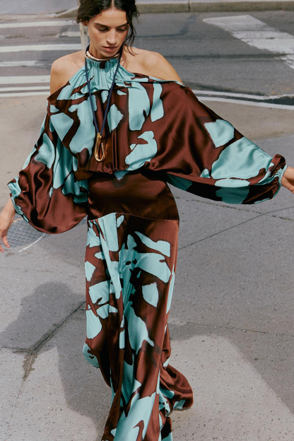 Cold Shoulder Halter Lantern Long Sleeve Cinch Waist Colorblock Maxi Dresses