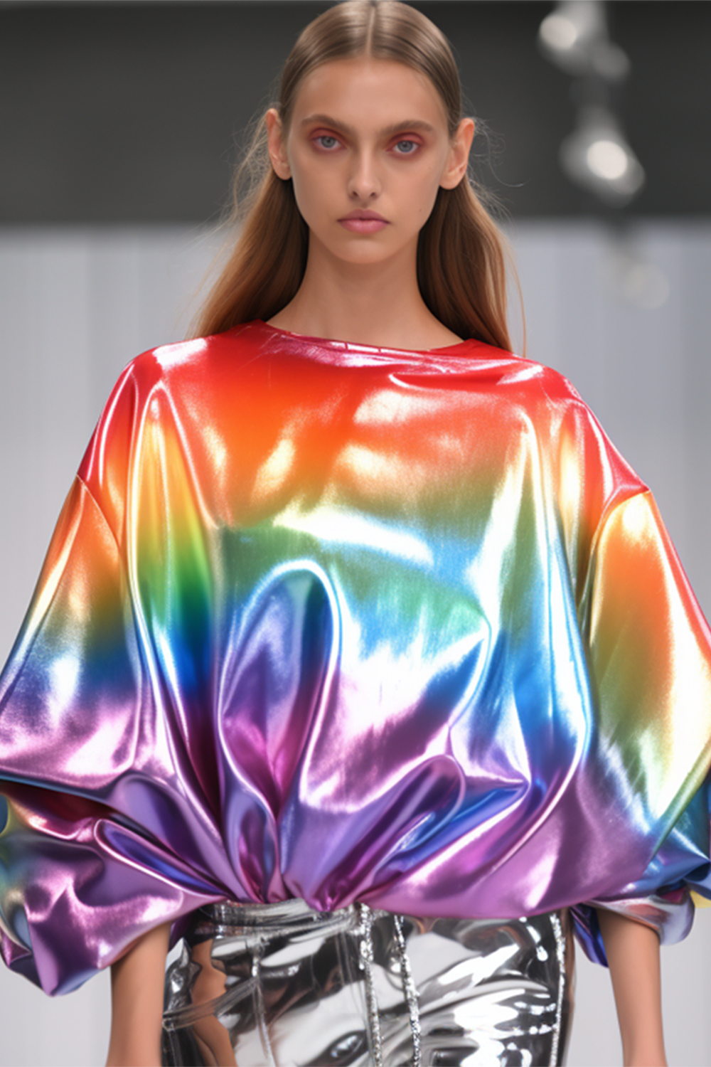 Fashion Crew Neck Lantern Sleeve Ombre Blouse-Multicolor [Pre-Order]