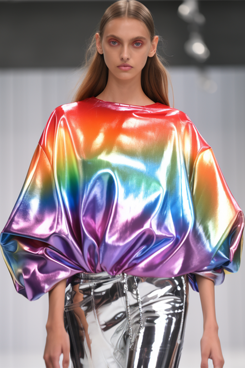 Fashion Crew Neck Lantern Sleeve Ombre Blouse-Multicolor [Pre-Order]