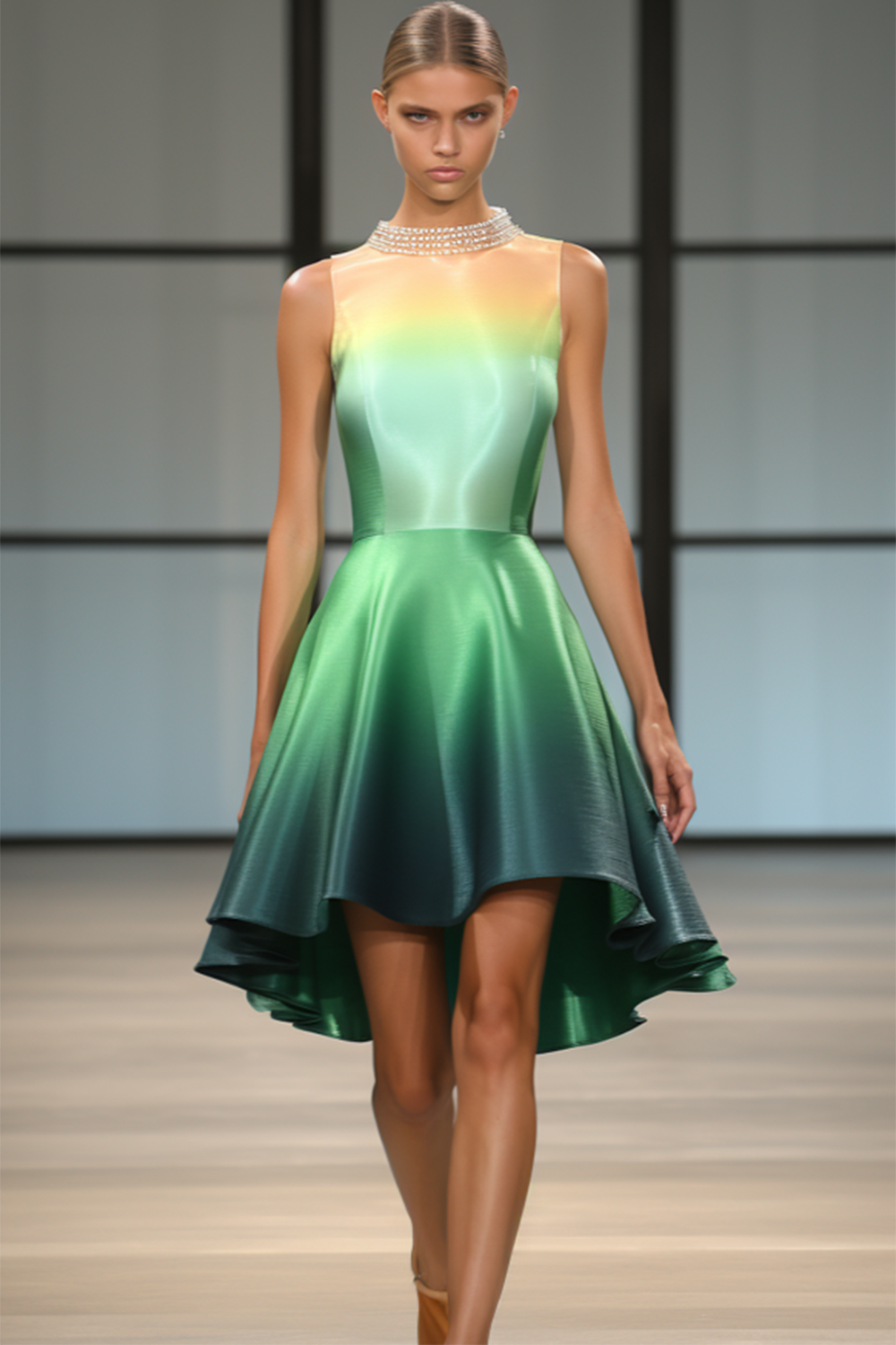 O Neck Pearl Decor Ombre Color Satin Ruffle Hem Mini Dress-Green [Pre-Order]