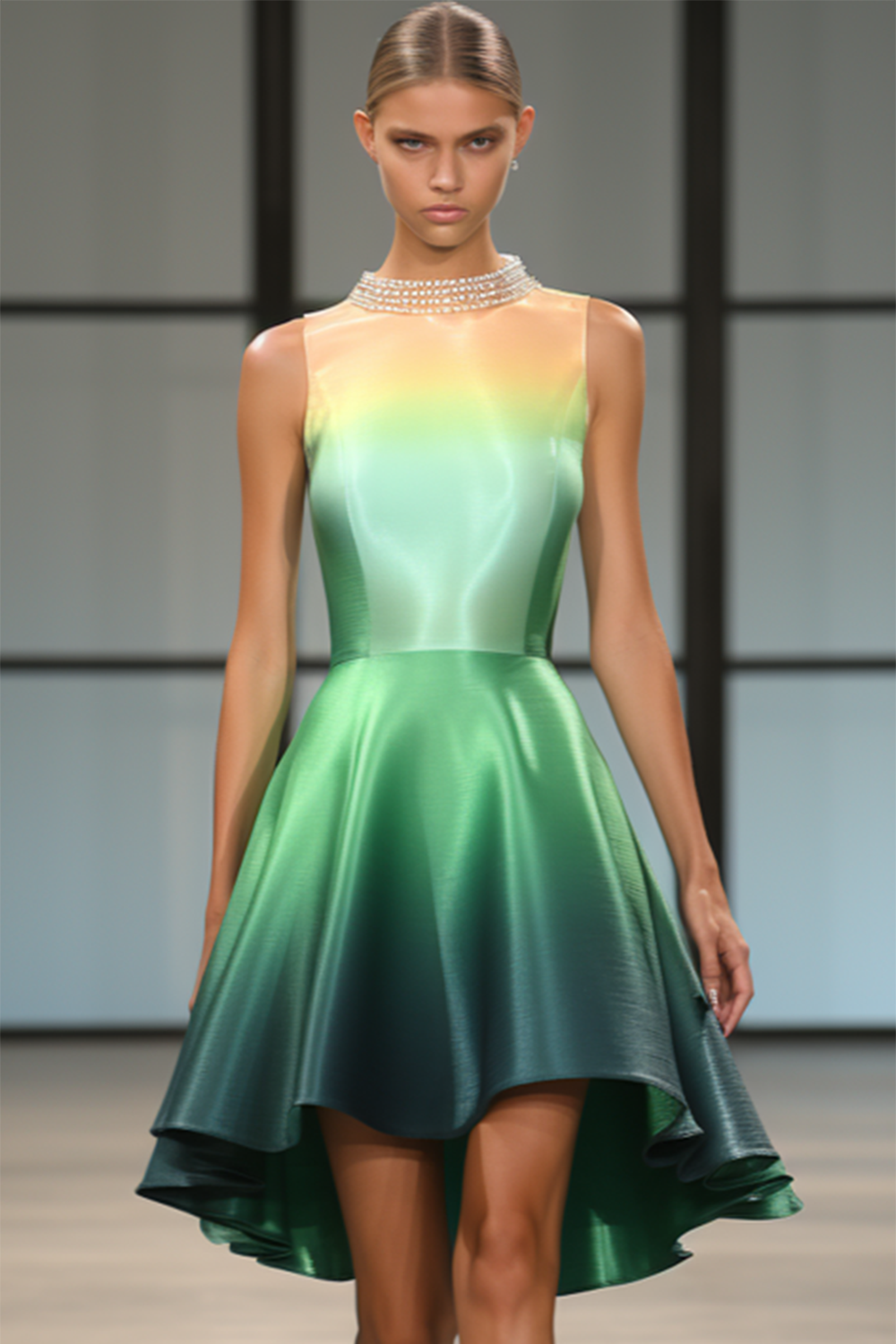 O Neck Pearl Decor Ombre Color Satin Ruffle Hem Mini Dress-Green [Pre-Order]