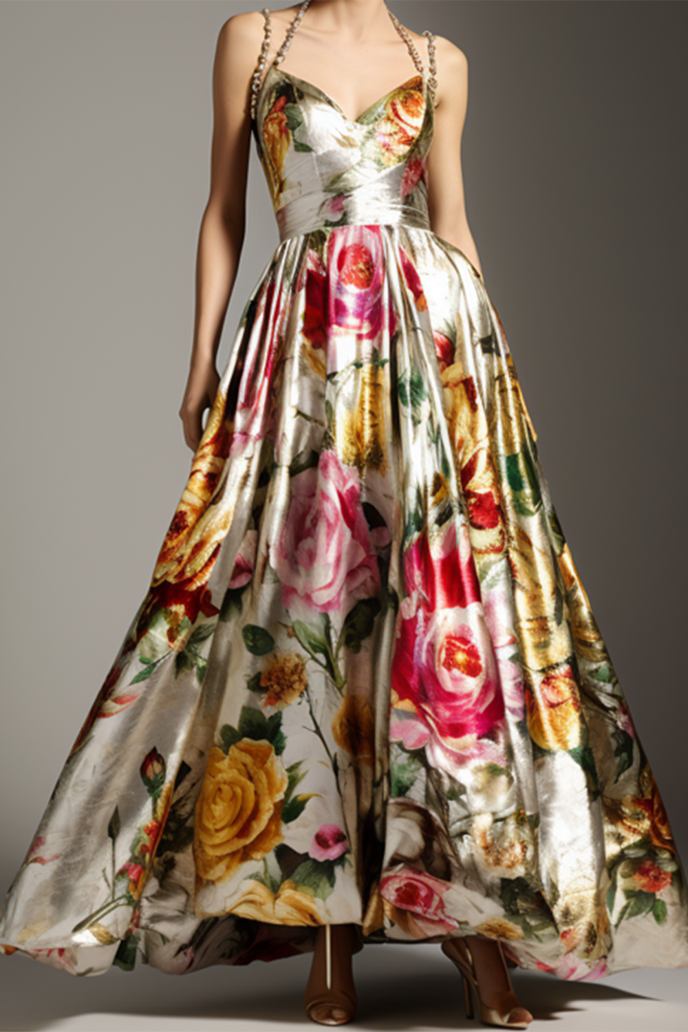 Flower All Over Print Satin Cami Tunic Maxi Dress-Multicolor [Pre-Order]