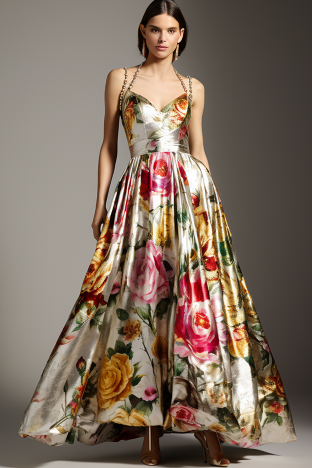 Flower All Over Print Satin Cami Tunic Maxi Dress-Multicolor [Pre-Order]