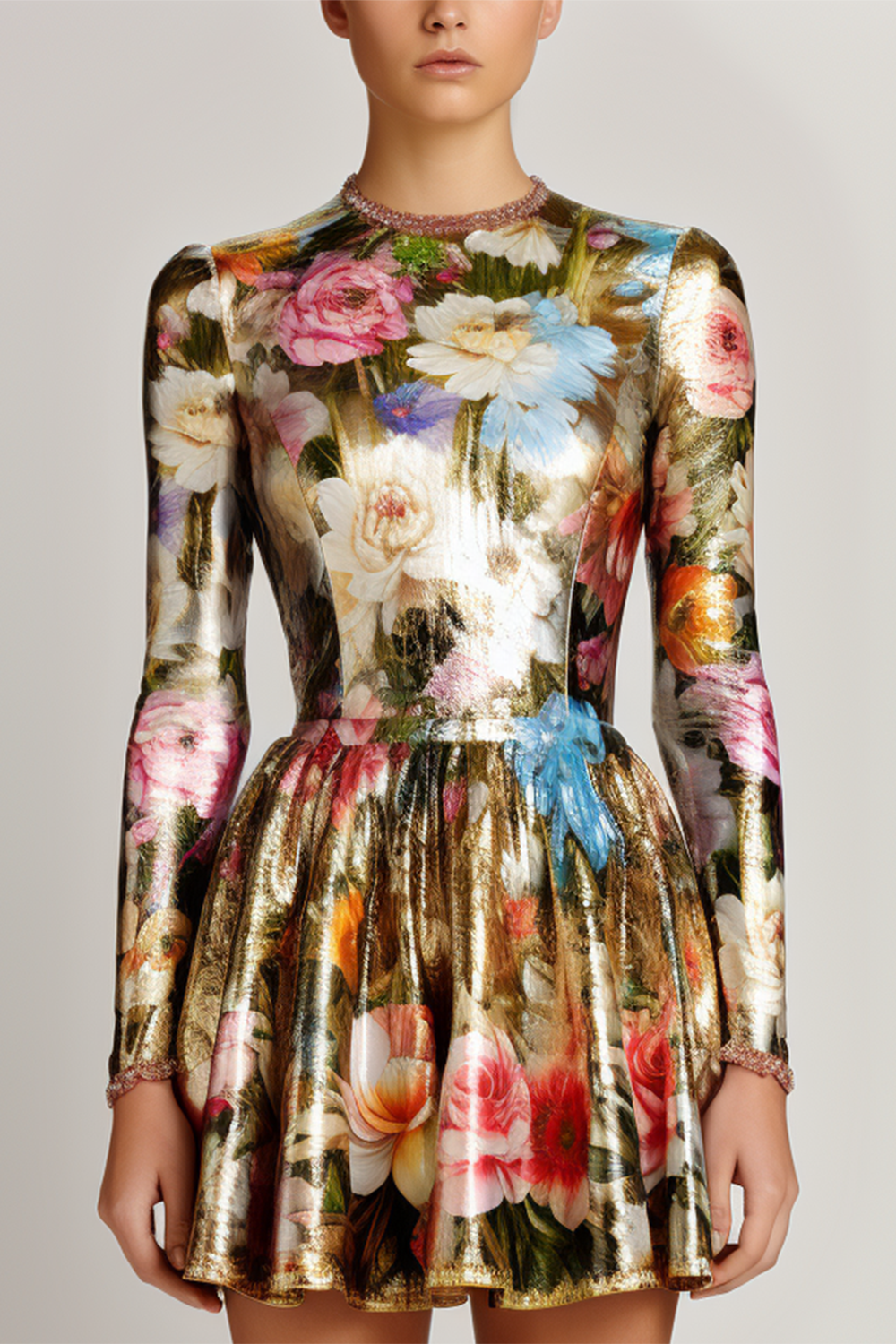 Flower All Over Print Satin Crew Neck Tunic Long Sleeve Mini Dress-Multicolor [Pre-Order]