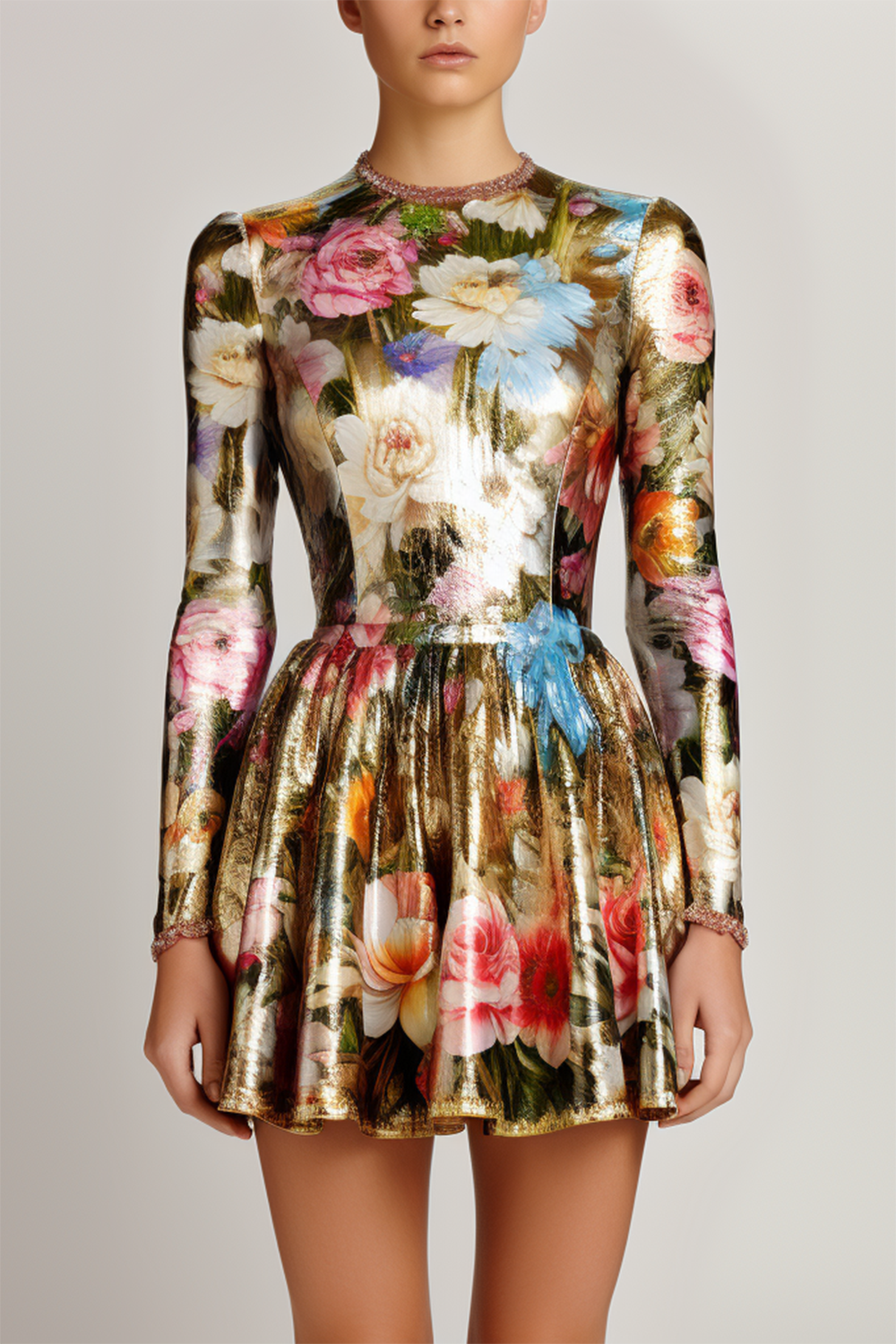 Flower All Over Print Satin Crew Neck Tunic Long Sleeve Mini Dress-Multicolor [Pre-Order]