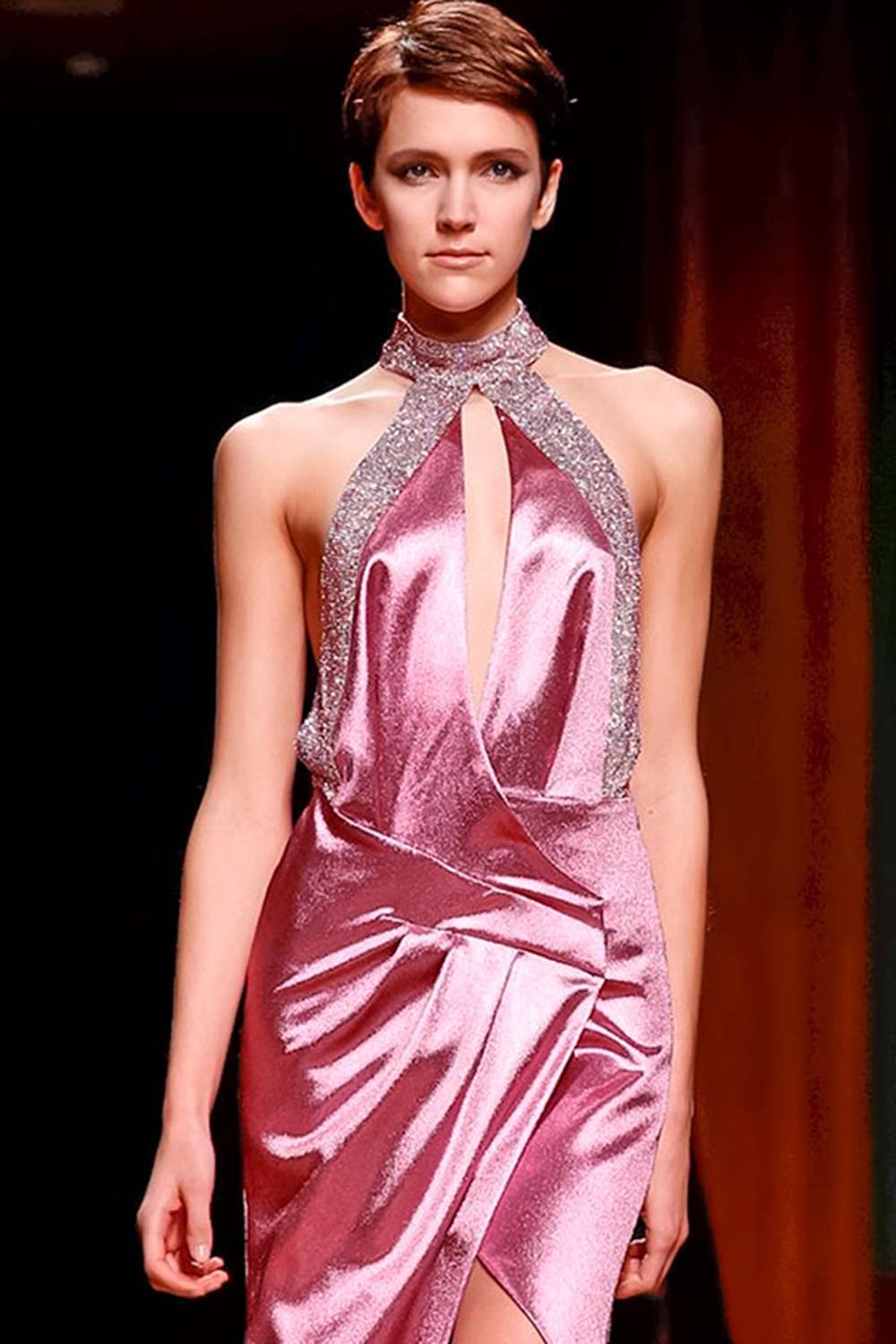 Evening Halter Collar Glitter Decor Split Sleeveless Maxi Dress-Pink [Pre-Order]