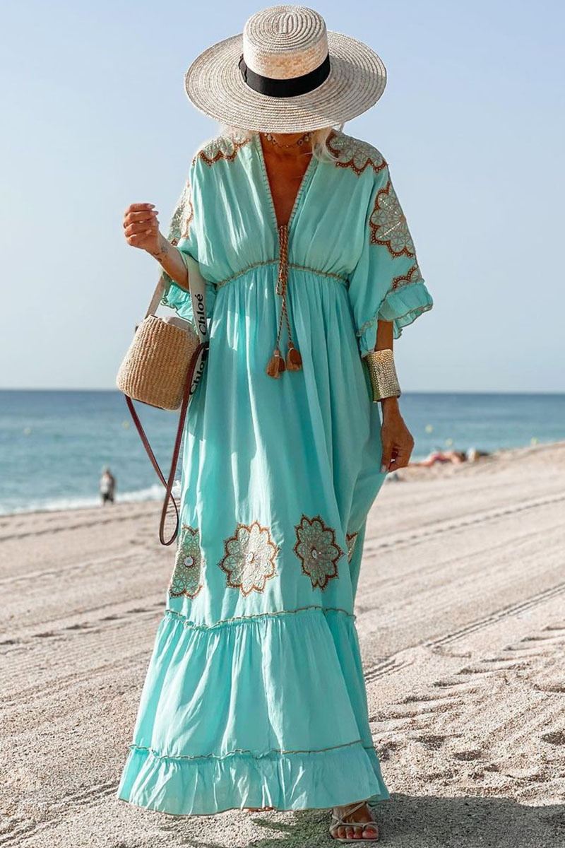 Ruffle Half Sleeve V Neck Floral Embroidery Vacation Maxi Dresses