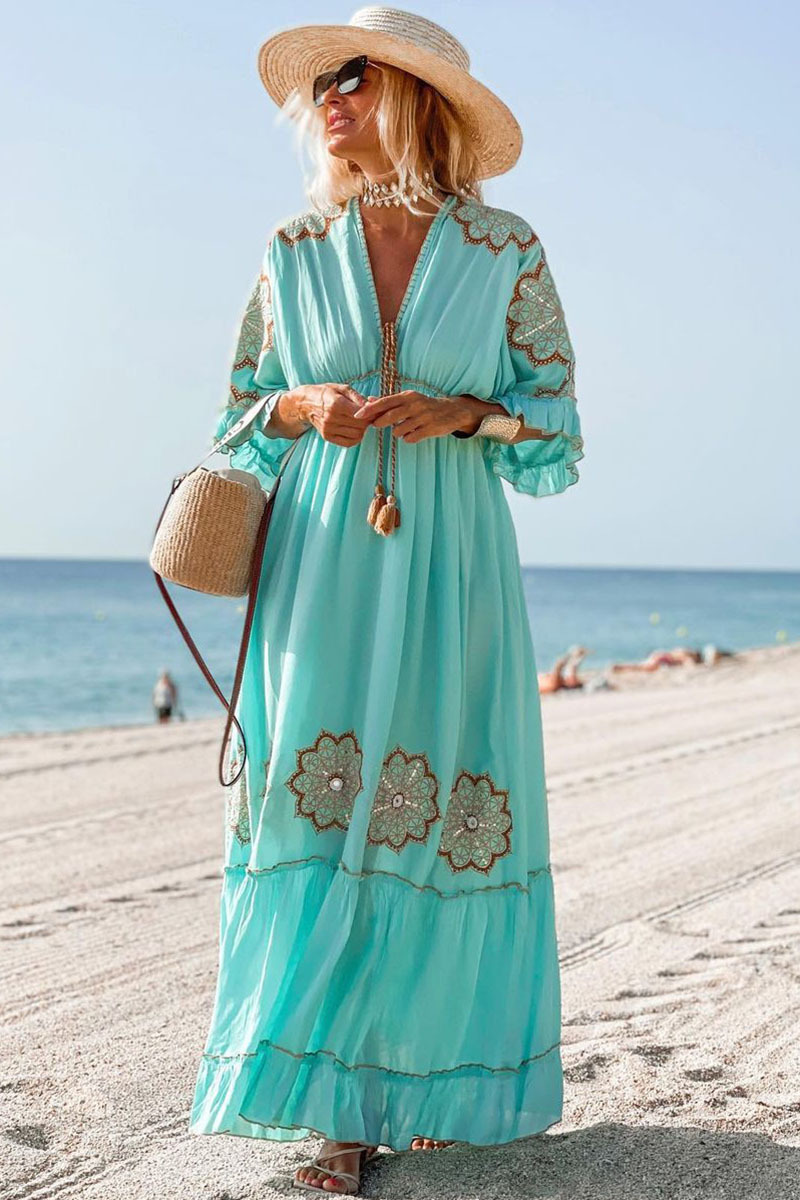 Ruffle Half Sleeve V Neck Floral Embroidery Vacation Maxi Dresses