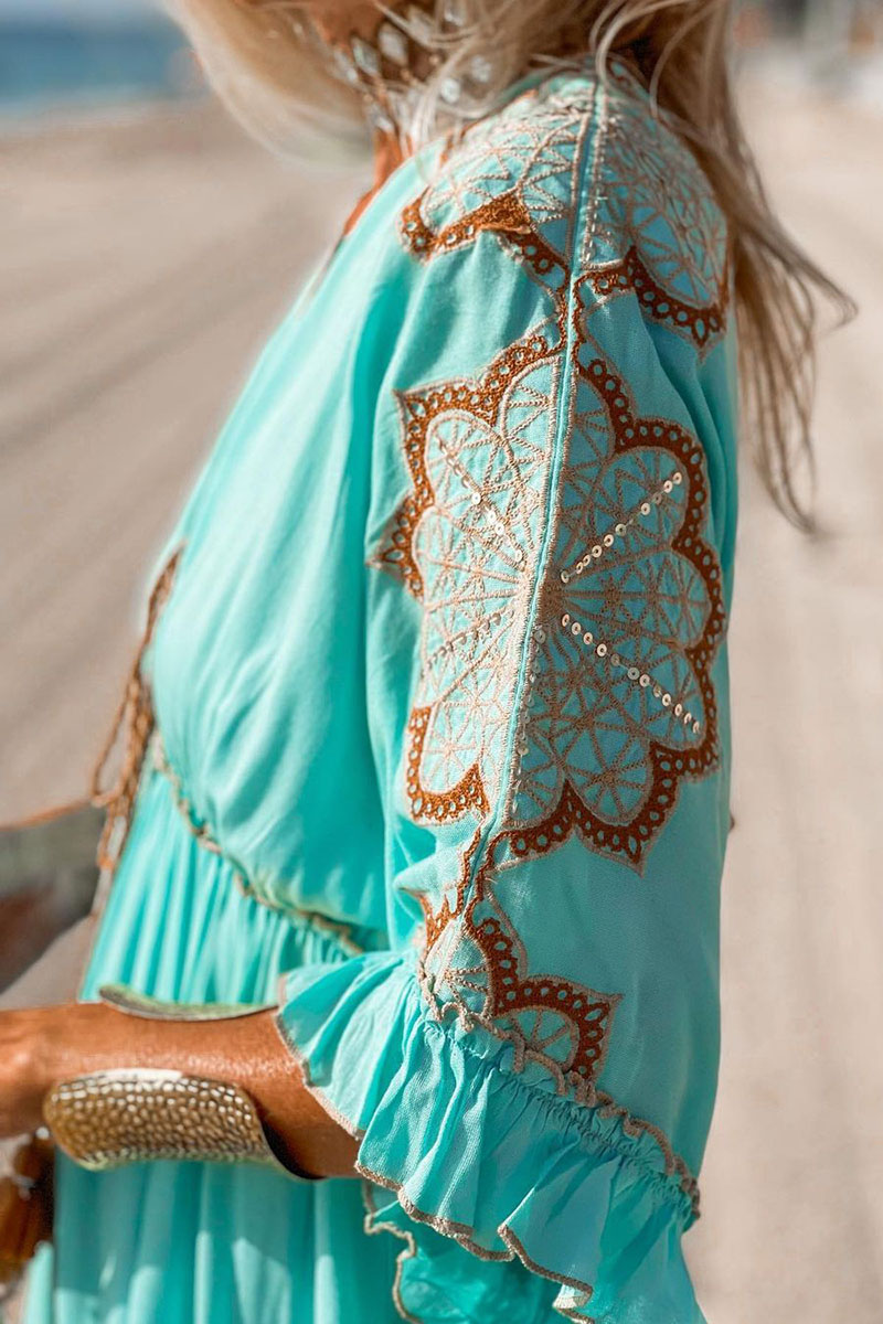 Ruffle Half Sleeve V Neck Floral Embroidery Vacation Maxi Dresses