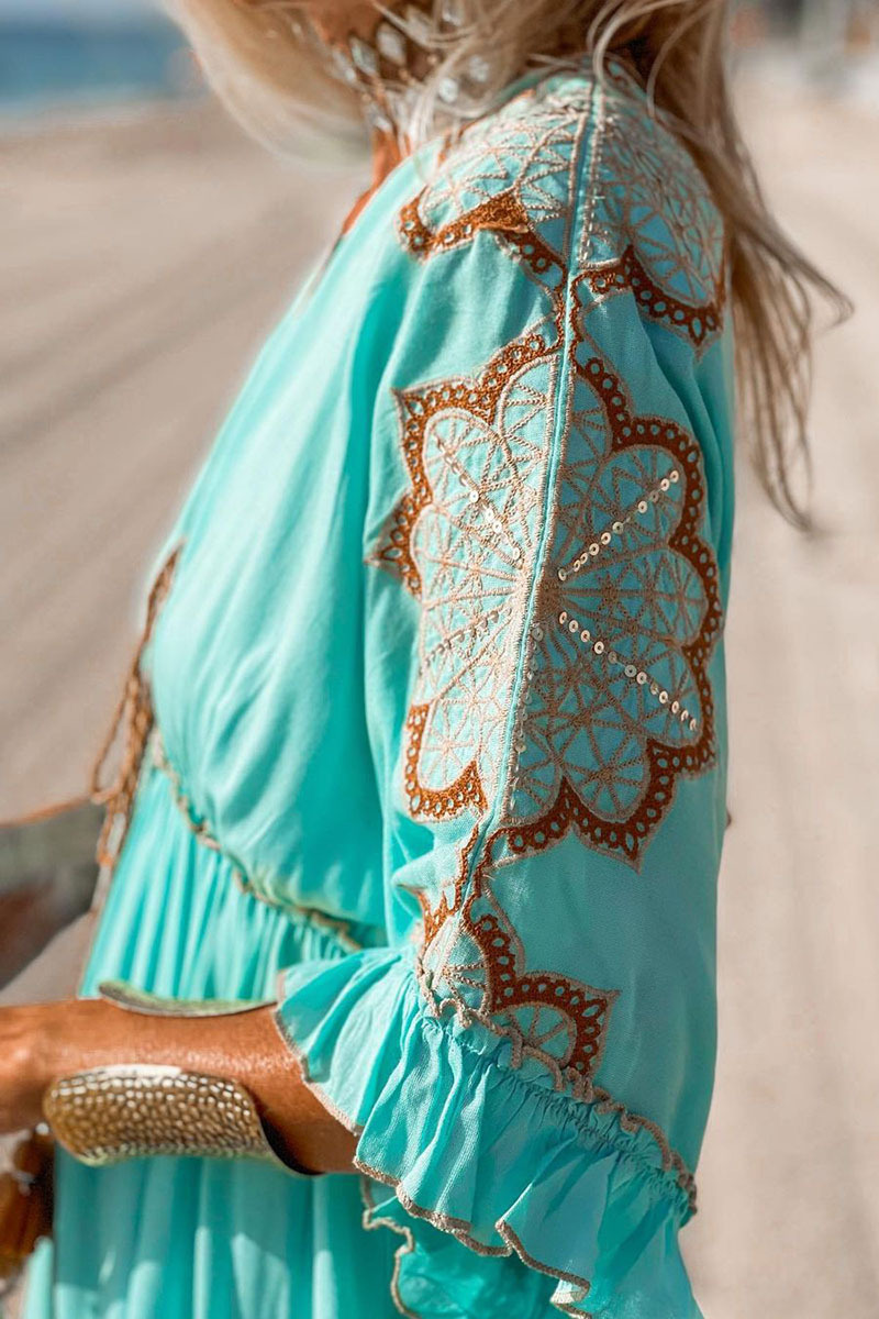 Ruffle Half Sleeve V Neck Floral Embroidery Vacation Maxi Dresses