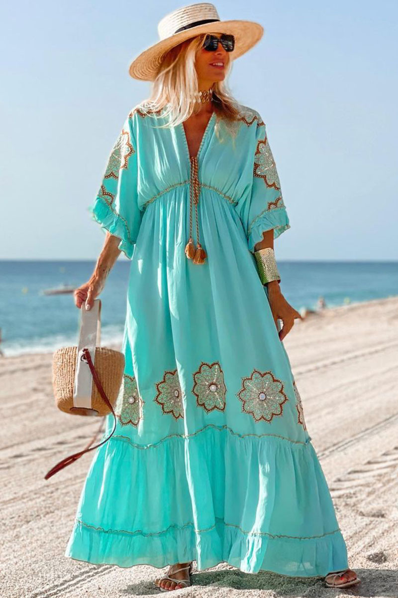 Ruffle Half Sleeve V Neck Floral Embroidery Vacation Maxi Dresses
