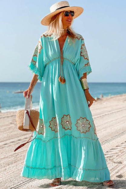 Ruffle Half Sleeve V Neck Floral Embroidery Vacation Maxi Dresses