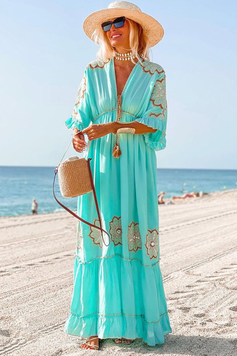 Ruffle Half Sleeve V Neck Floral Embroidery Vacation Maxi Dresses
