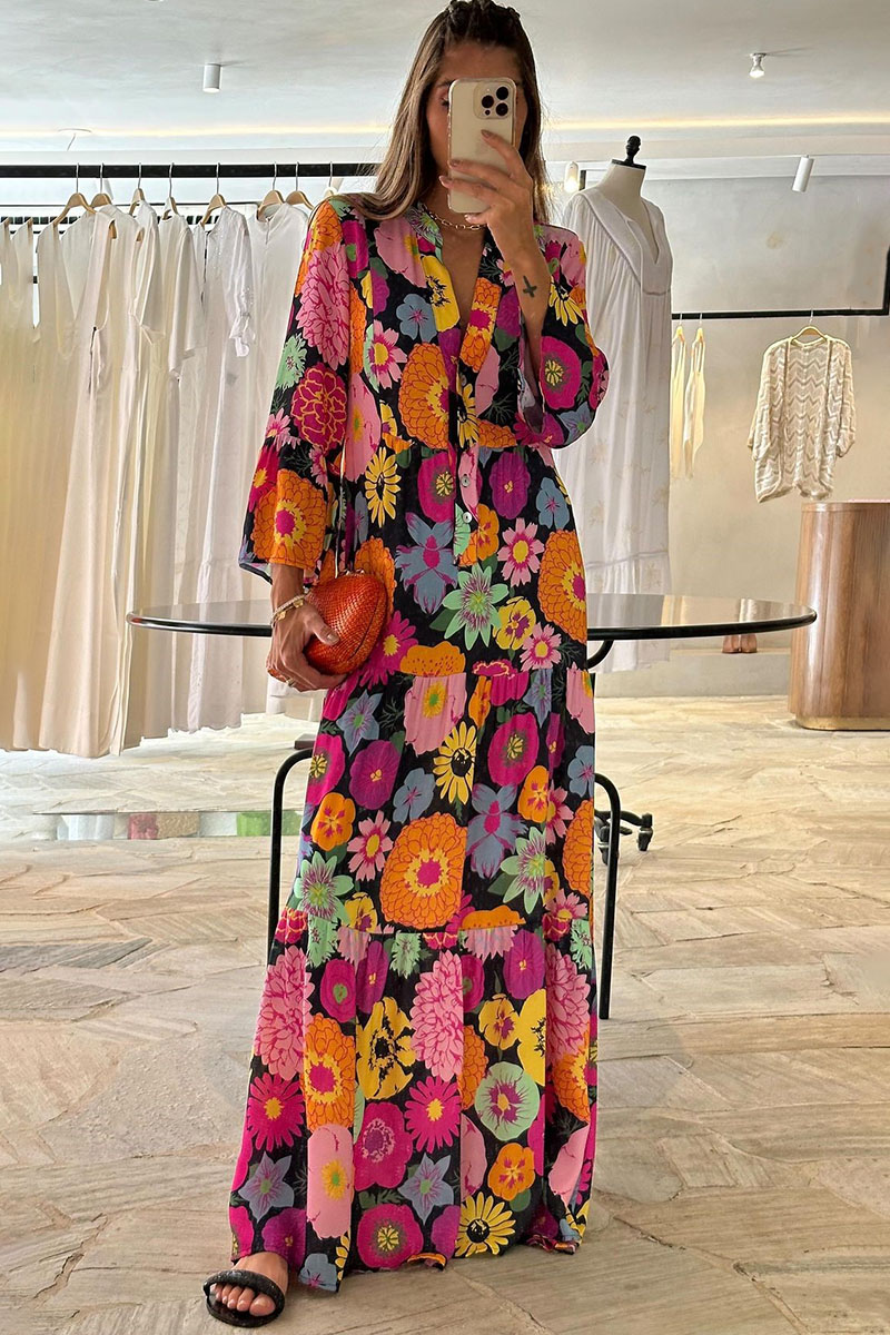 Half Button Long Sleeve Multicolor Floral Print Maxi Dresses